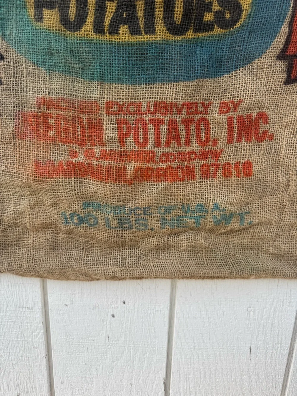 Vintage Lancer Russet Potato Burlap Sack – Colorful Farm Print | Rustic Decor